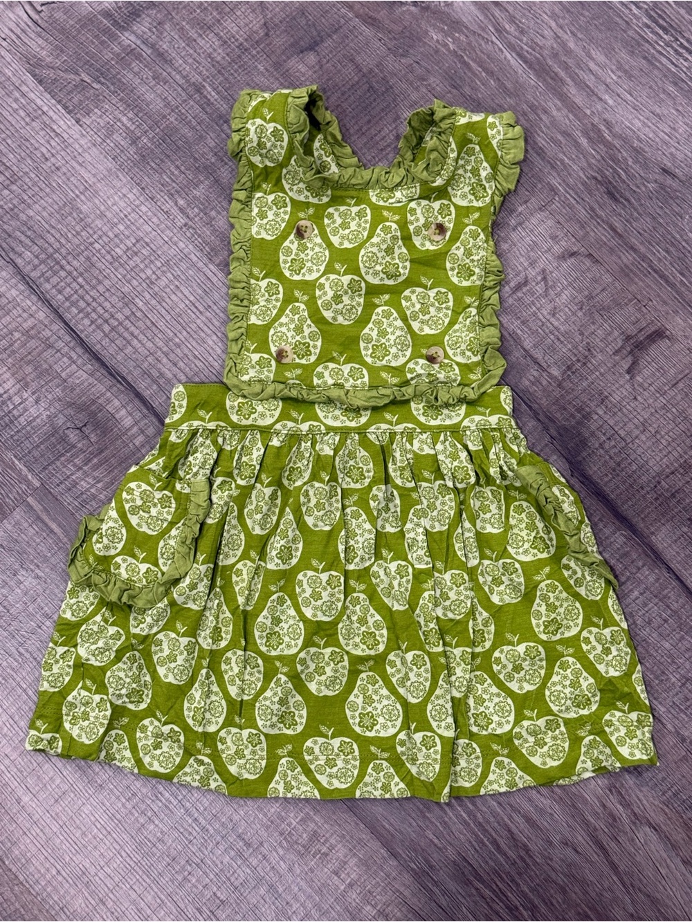 Kate Quinn 18-24 month bamboo green pear dress with pockets and cross cross back